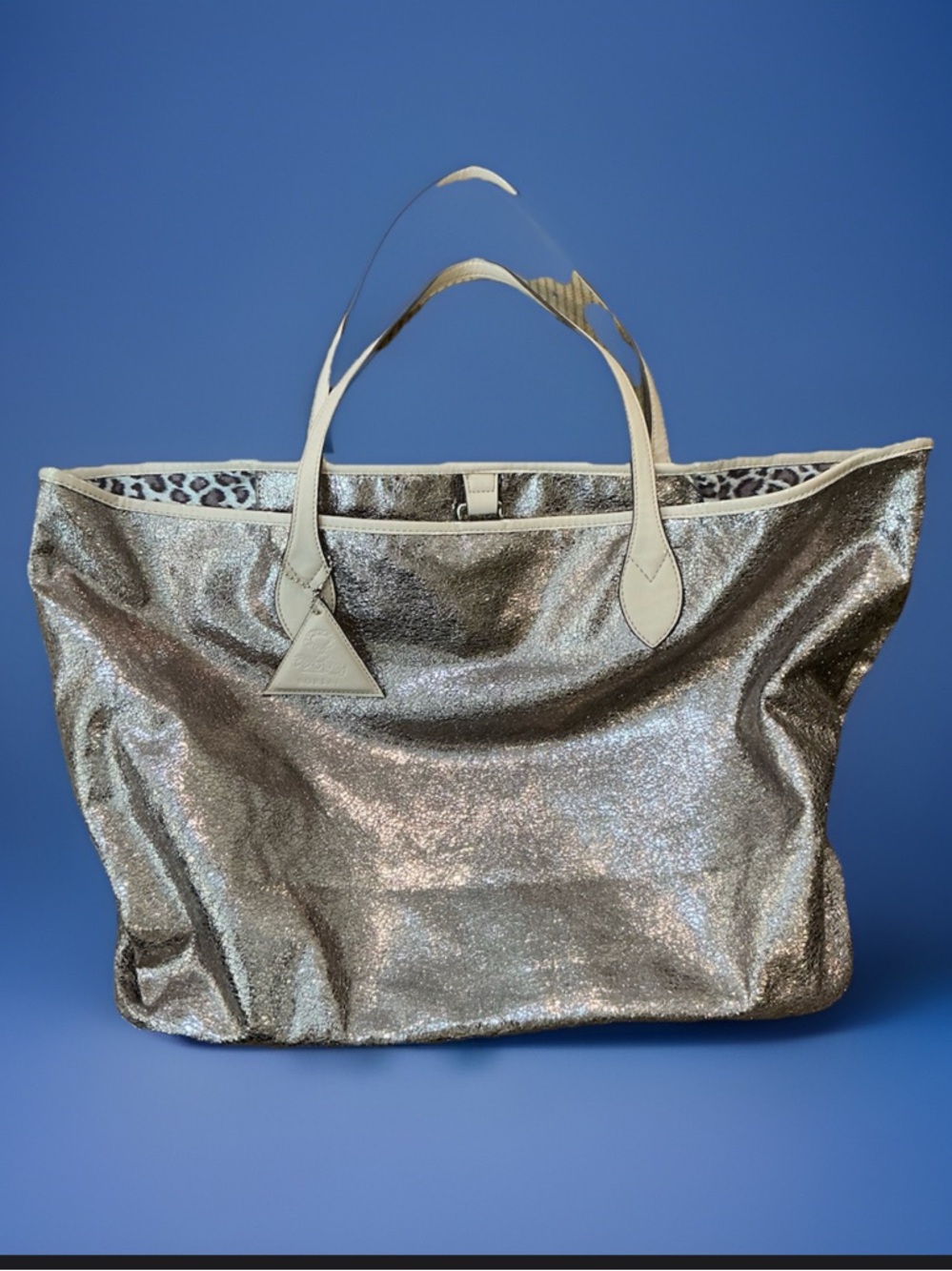 SORIAL VEGAN LEATHER METALLIC TOTE- METALLIC GOLD & CREAM, LEOPARD LINING- VGUC